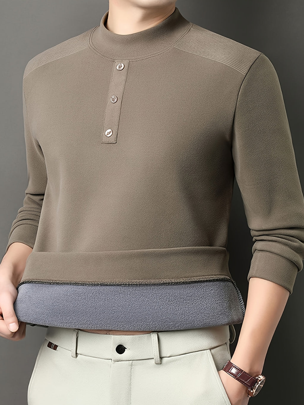 Men'S Warm Long Sleeve Top for Autumn And Winter, Warm Yet Comfortable, More Mature And Stable Look Than Regular Round Neck Shirts - SINBOS - Khaki