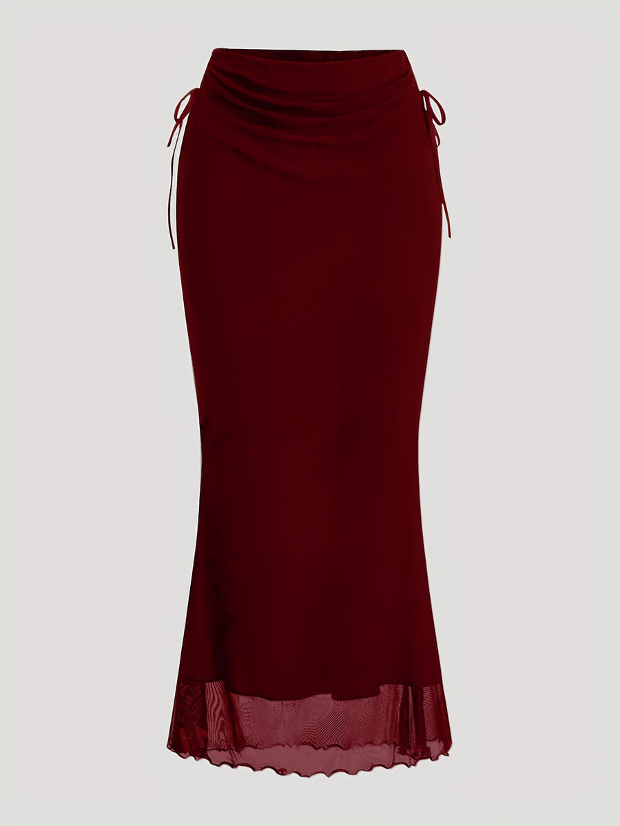 Women's Drawstring Mesh Midi Skirt - Burgundy