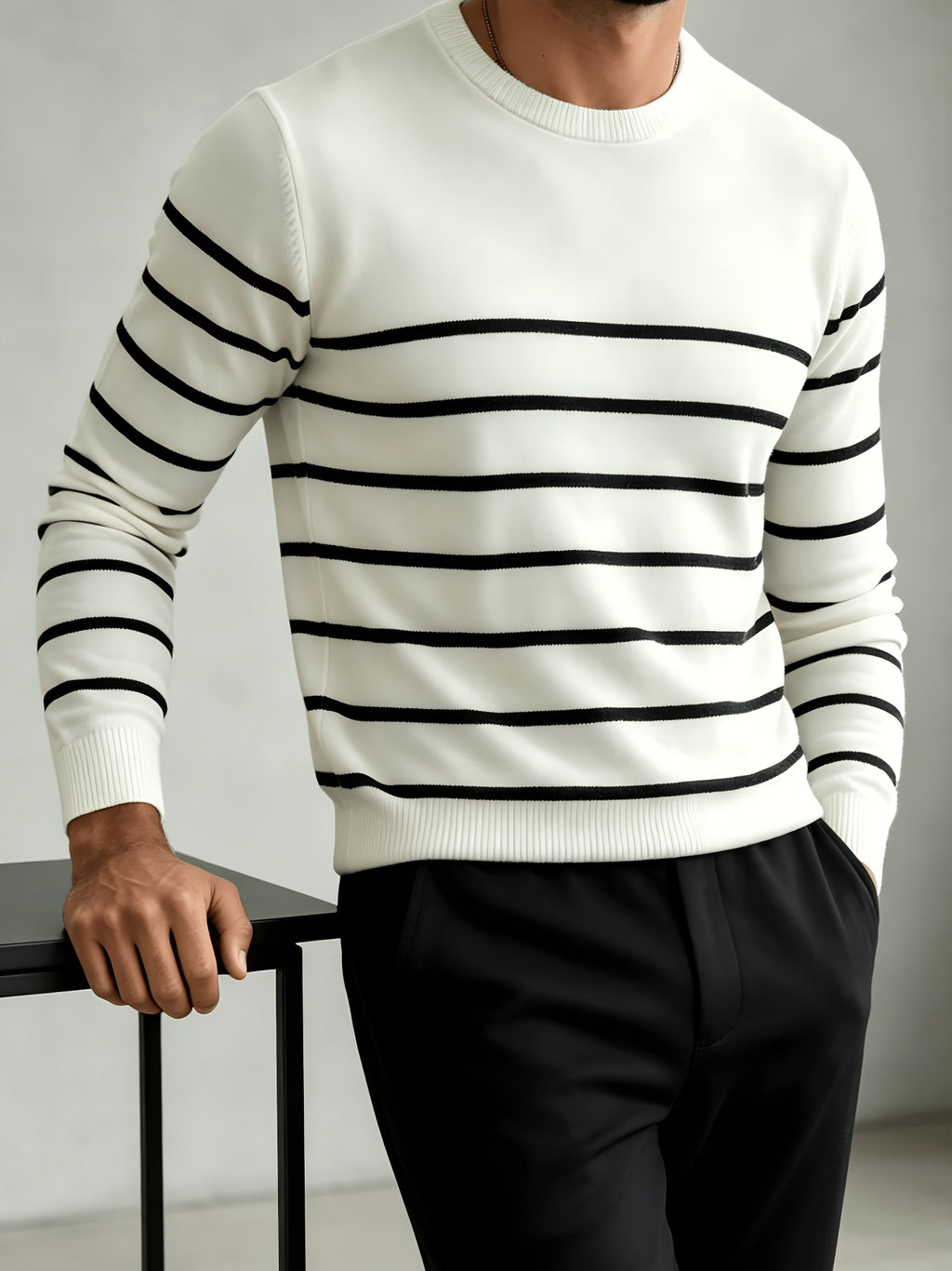 Men's Classic Knit Sweater, Crew Neck with Structured Fit, Black and White Striped Long Sleeve Pullover, Versatile for Casual, Commuting, Work, and Outings, Autumn/Winter Wear - White