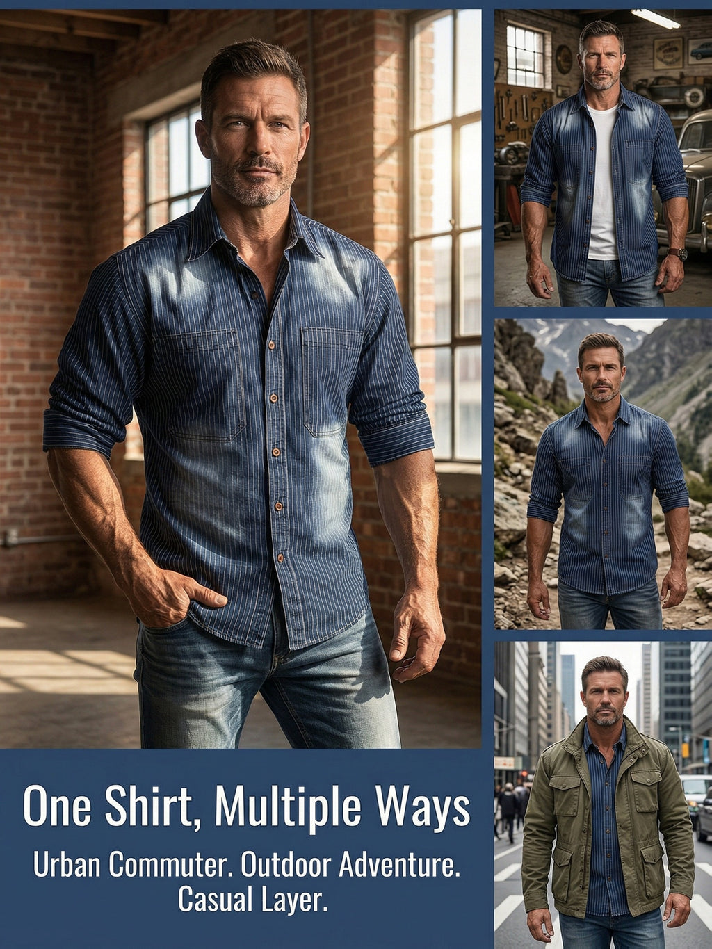 New Spring And Autumn Denim Striped Long-Sleeved Shirt for Men, American Style Workwear Button- Denim, Distressed Handmade Washed Process, Vertical Striped Retro Casual Daily Commute Outerwear Top Denim Shirt Jacket - Sea Blue