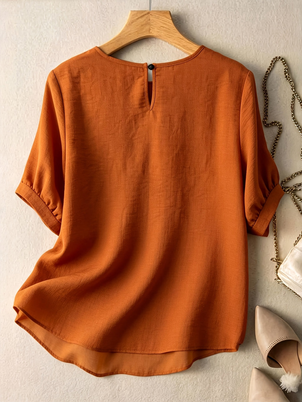 Women's Lantern Sleeve Decorative Ribbon Shirt, Breathable Textured Casual Summer Top - Orange red