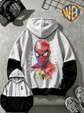 Men'S Color-Block Patchwork Hooded Sweatshirt, Autumn Casual Pullover Jacket, Trendy Cartoon Top with Kangaroo Pouch, Drawstring Hood, Loose Fit, Comfortable, Casual, Commute, Vacation, Premium, Couple Style, Student, Holiday, Gift, All Seasons - Black And Grey