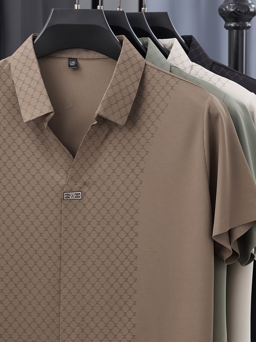 Men's Ice-Feel Seamless Polo Shirt, V-Neck Short-Sleeve Breathable T-Shirt, Summer Men's Business Casual Top, Men's Versatile Commuter T-Shirt, Lapel Basic Fit Top, Sporty Casual Versatile - Coffee Brown
