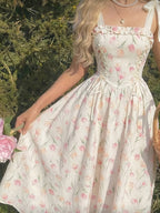 Sweet Floral Print Spaghetti Strap Tie-Up Dress, Waist-Cinching Flared Maxi Dress, Bow Strap Princess Dress, Elegant Vintage Pastoral Style - Tulip