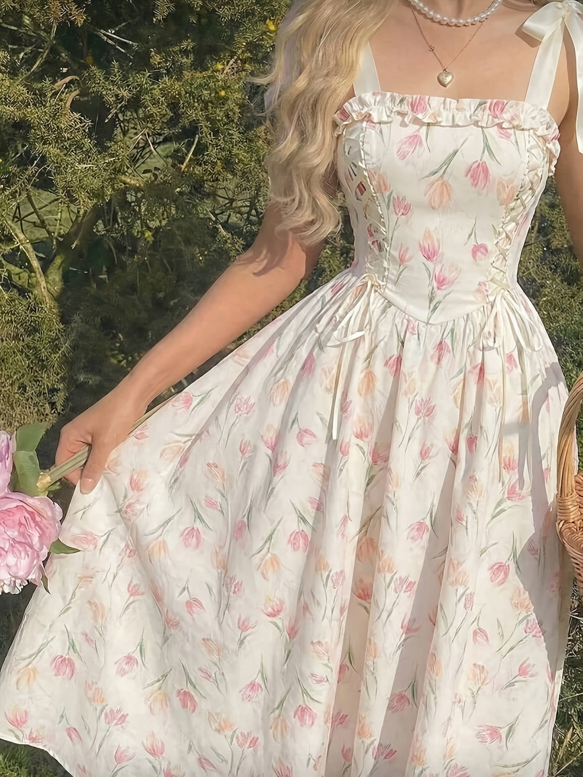 Sweet Floral Print Spaghetti Strap Tie-Up Dress, Waist-Cinching Flared Maxi Dress, Bow Strap Princess Dress, Elegant Vintage Pastoral Style - Tulip