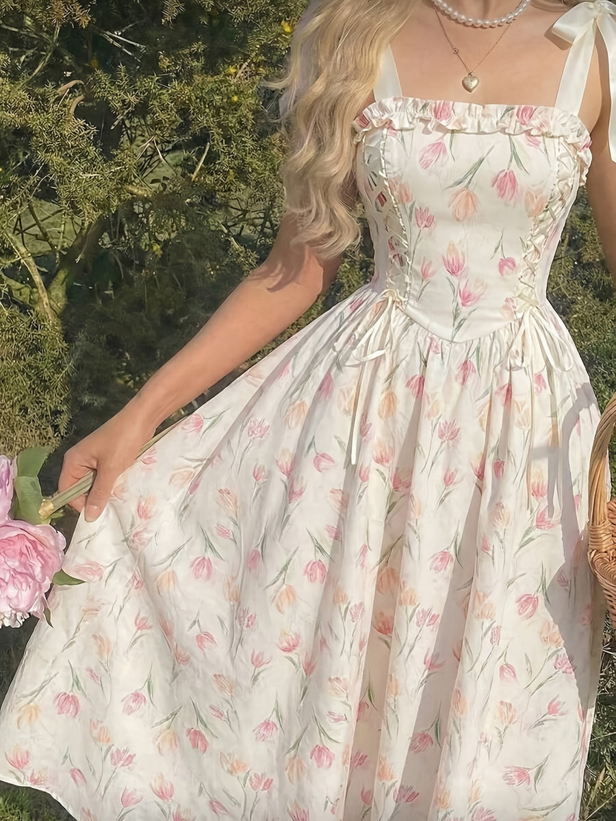 Sweet Floral Print Spaghetti Strap Tie-Up Dress, Waist-Cinching Flared Maxi Dress, Bow Strap Princess Dress, Elegant Vintage Pastoral Style - Tulip