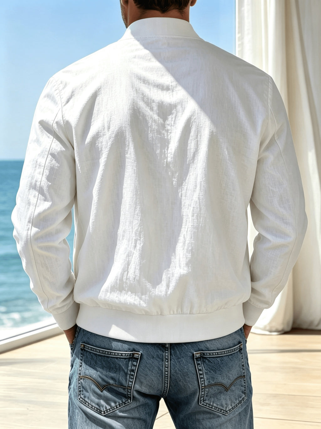 Spring Summer Linen Washed Pleated Baseball Collar Jacket Men'S MILANO Letter Print Thin Breathable Coat Middle-Aged Dad Loose Zipper Cardigan Multi-Color Versatile Commute Casual Outerwear Baseball Uniform Top, Transitional Bomber Jacket - White