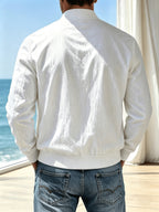 Spring Summer Linen Washed Pleated Baseball Collar Jacket Men'S MILANO Letter Print Thin Breathable Coat Middle-Aged Dad Loose Zipper Cardigan Multi-Color Versatile Commute Casual Outerwear Baseball Uniform Top, Transitional Bomber Jacket - White