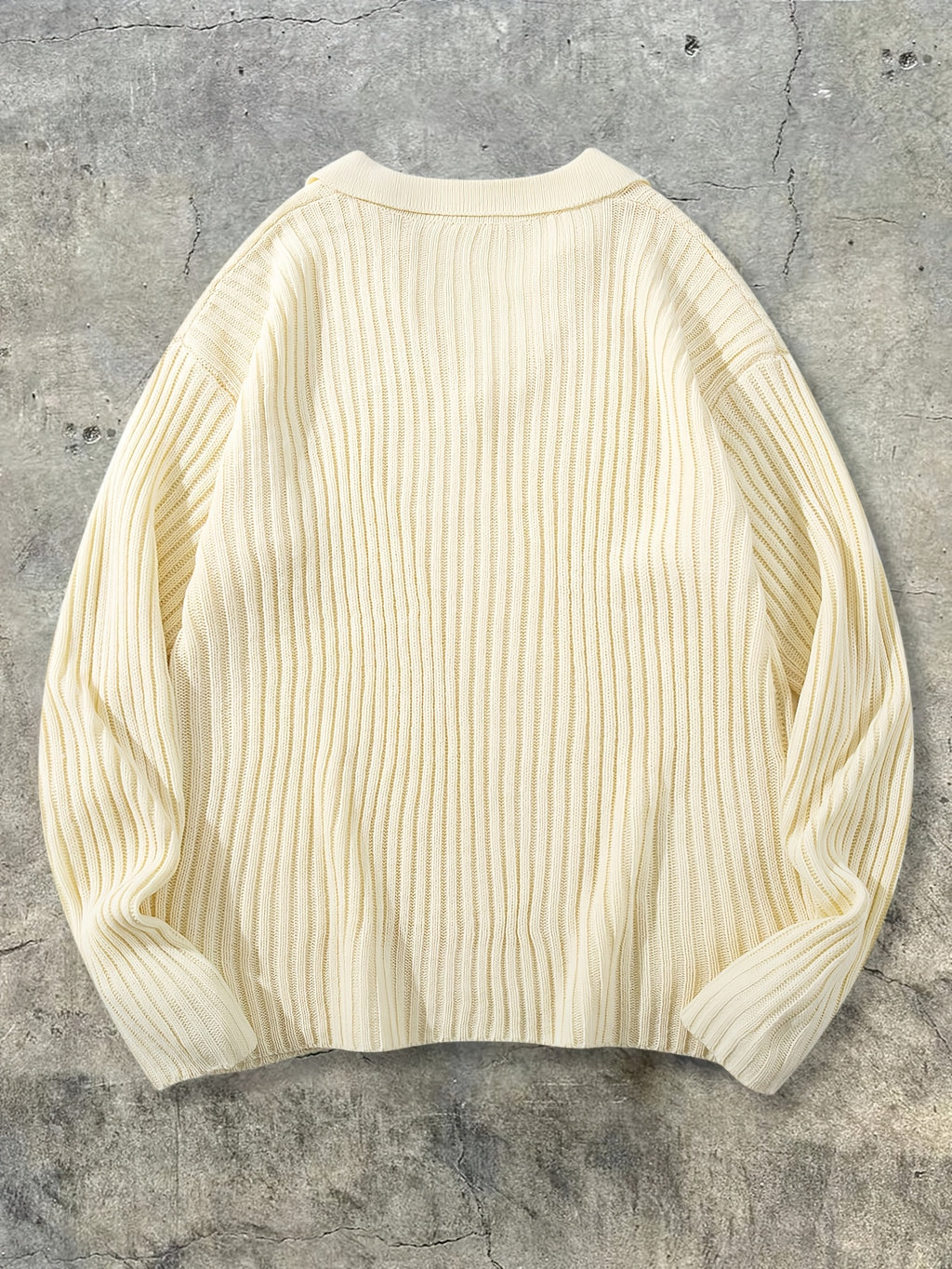 Men's New Autumn/Winter Casual Loose-Fit Minimalist Solid Color Ribbed Korean-Style Versatile Commuting Daily Fabric Long-Sleeve Polo Collar Pullover Top - Apricot
