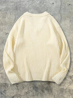 Men's New Autumn/Winter Casual Loose-Fit Minimalist Solid Color Ribbed Korean-Style Versatile Commuting Daily Fabric Long-Sleeve Polo Collar Pullover Top - Apricot