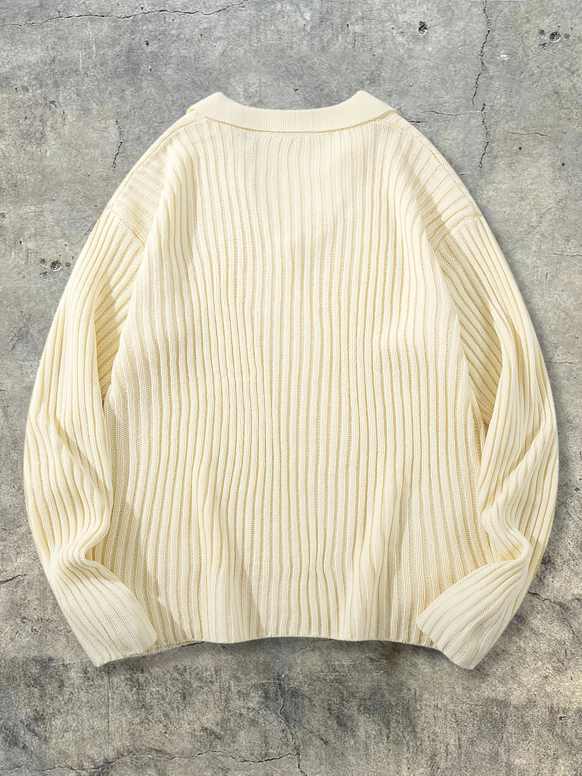 Men's New Autumn/Winter Casual Loose-Fit Minimalist Solid Color Ribbed Korean-Style Versatile Commuting Daily Fabric Long-Sleeve Polo Collar Pullover Top - Apricot
