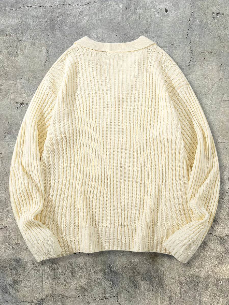 Men's New Autumn/Winter Casual Loose-Fit Minimalist Solid Color Ribbed Korean-Style Versatile Commuting Daily Fabric Long-Sleeve Polo Collar Pullover Top - Apricot