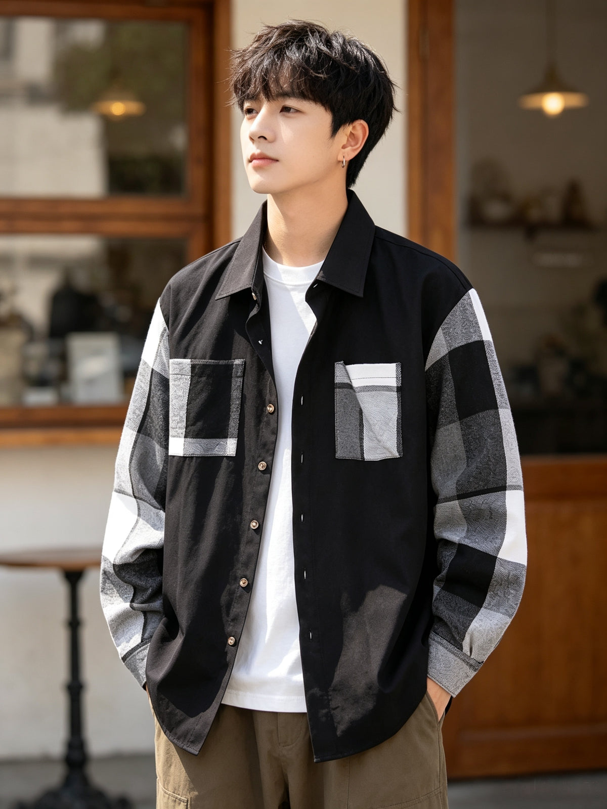 Men'S Spring And Autumn Black Casual Button-Up Shirt, Checkered Splicing Sleeves with 2 Pockets, Flannel Splicing Color-Contrasting Long Sleeve Top, Breathable Lightweight Autumn Coat S-XXXL, Halloween Gift for Boyfriend Father - Black And White Plaid
