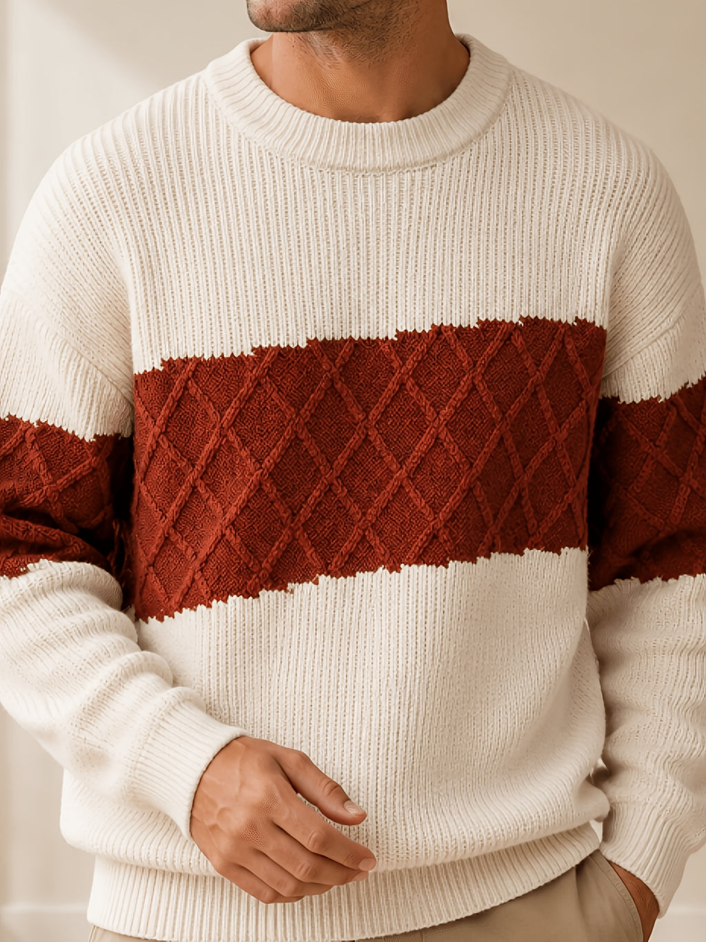 Men's Du Jing Lan OBM Contrast Color Knit Sweater - Old Money Style Business Casual Pullover with Color-Blocking, Ribbed Crew Neck Sweater Suitable for Layering, Golf, Basketball, Outdoor & Daily Wear, Spring/Autumn Winter Wardrobe - White