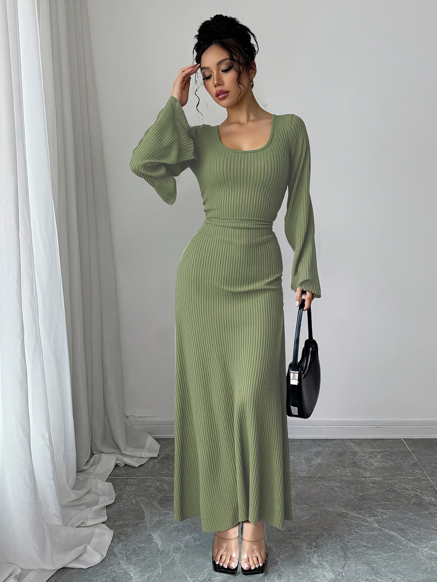 Women'S Solid Ribbed Flared Sleeve Back Tie Traditional Long Dress Elegant Long Dress - Olive Green