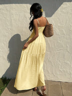 Textured Fabric, Ruched Elastic Waist, Sleeveless Dress, Loose-fitting Effect, Vacation Style - Bright Yellow
