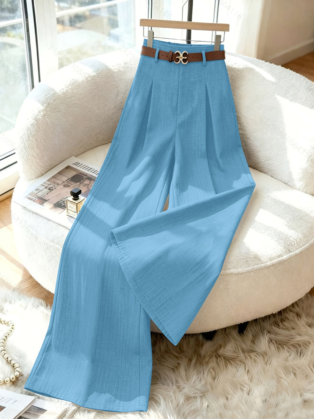 Women's High-Waisted Wide- Trousers - Loose-Fit Solid Color Pants Suitable for Daily Wear & Vacation, Beltless Spring/Summer Style for Office, Casual Outfits - Machine Washable Elegant Trousers - Sky Blue