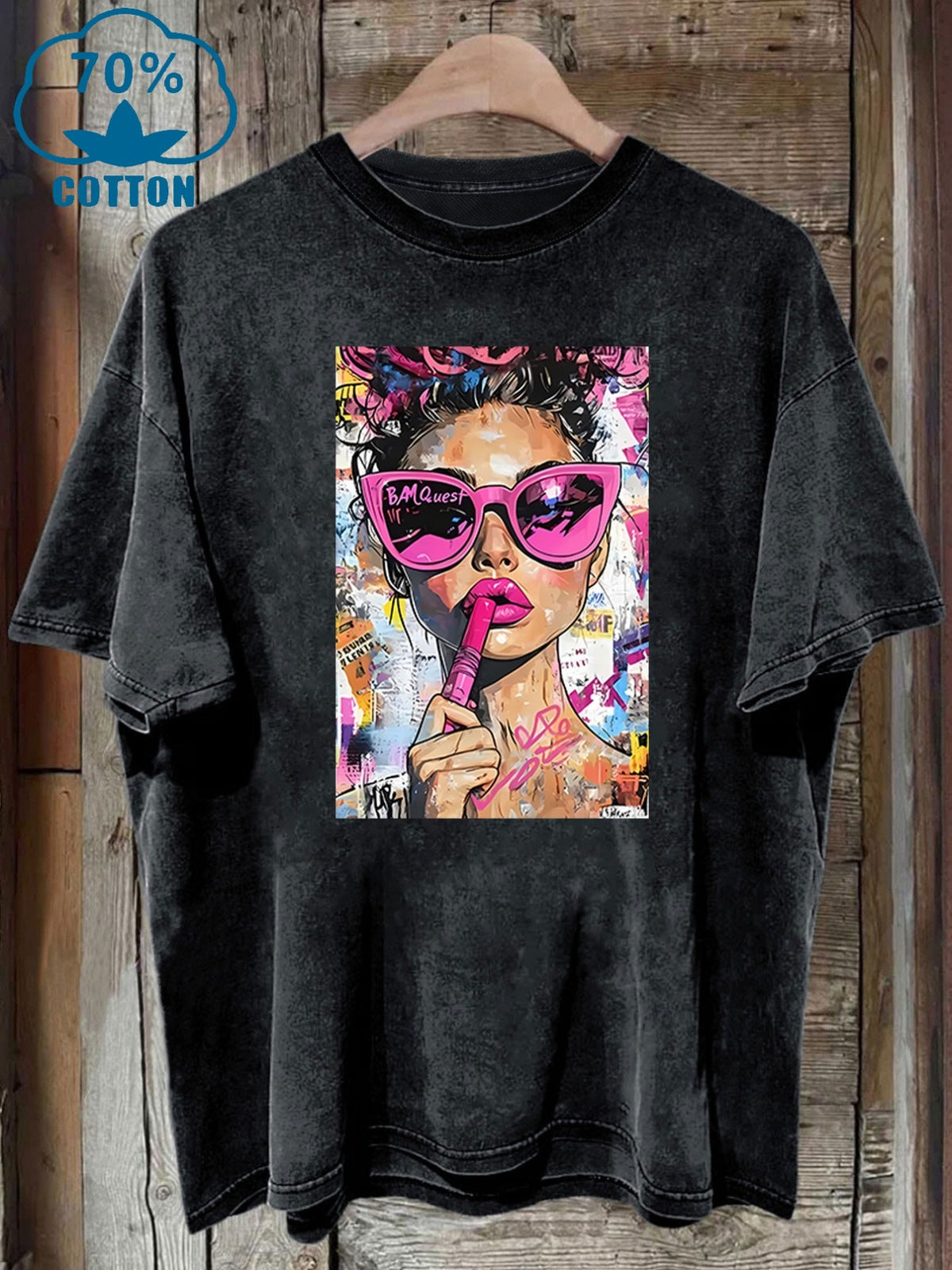 Women's Washed T-shirtVintage Washed Women's T-Shirt with Bold Pop Art Print, Perfect for Casual Outings or Home Relaxation, Lightweight and Durable Blend, Stylish Statement Piece for Everyday WearWomen's Top Tee - Deep Grey