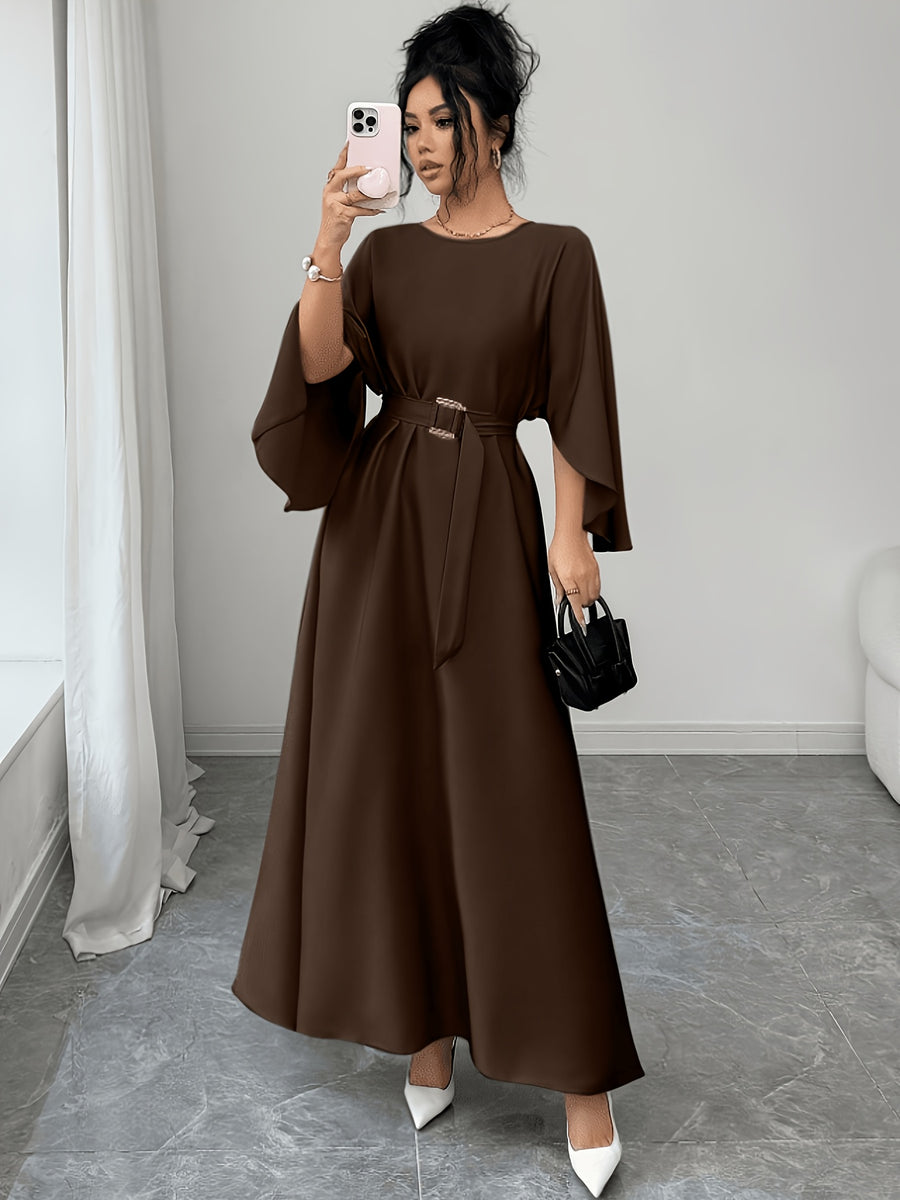 Elegant and Refined Women's Batwing Sleeve Cinched-waist Bridesmaid Dress, Suitable for Daily Commutes, Casual Outings, Dates, Parties, Graduation Ceremonies, Valentine's Day, and Other Occasions - Coffee Color