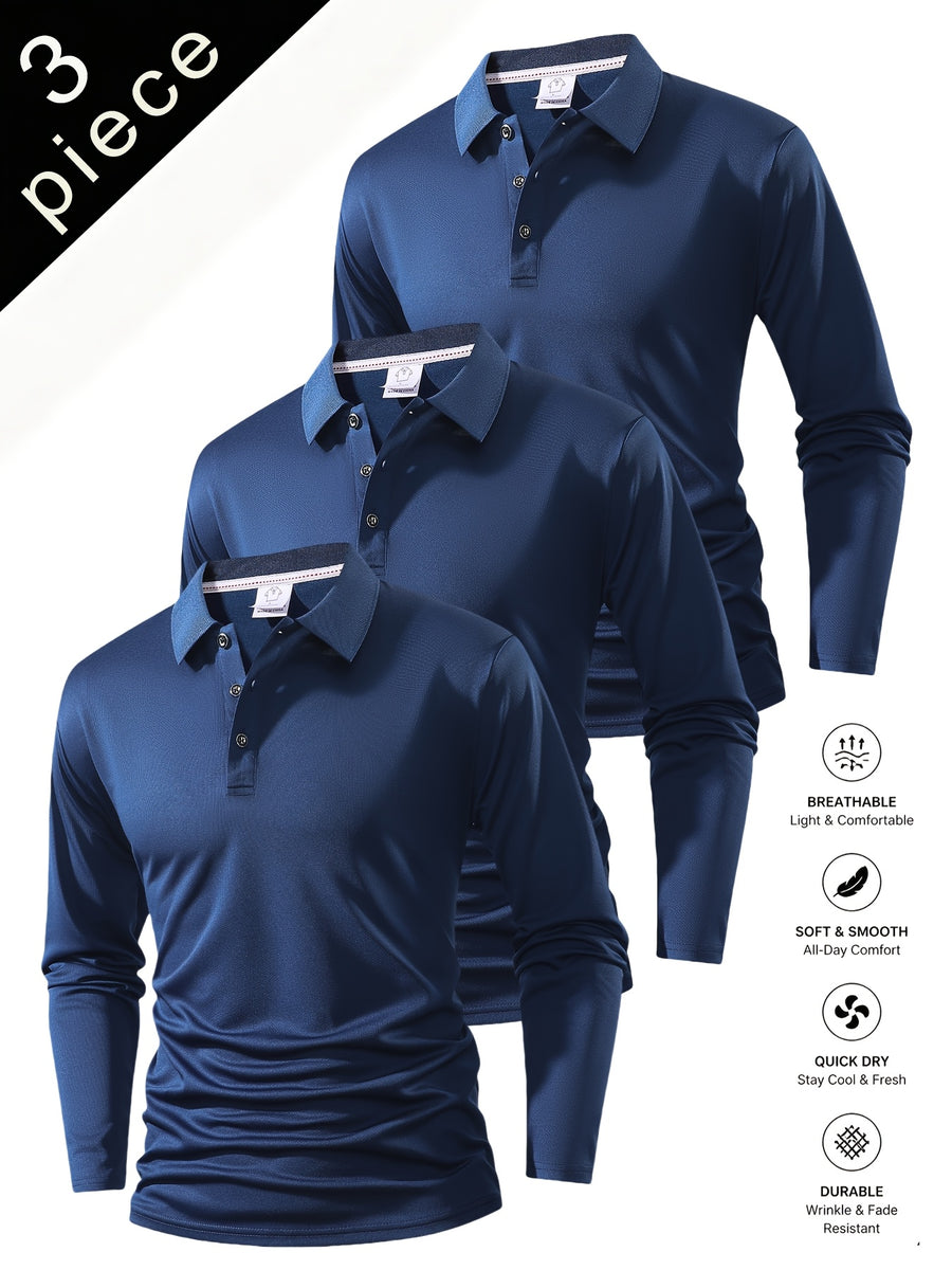 Spring And Autumn Explosive Value Three-Piece POLO Collar Long-Sleeved Top for Men, Stylish, Easy And Versatile, Solid Color Design, Multi-Color Optional Sports And Casual, Soft And Comfortable, Jumper, 220G/Square Meter Fabric Weight - 3 pieces of navy blue