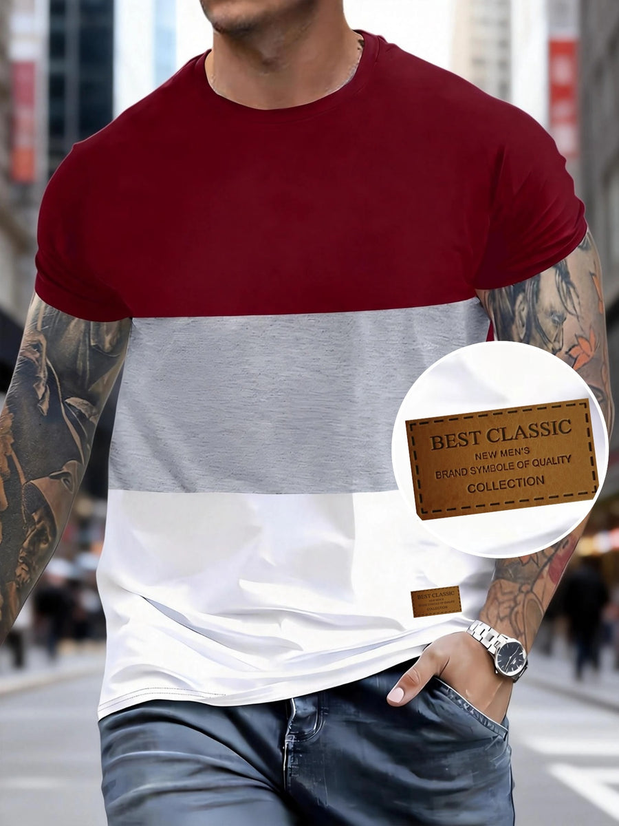 Men'S Short-Sleeve Top with a Three-Color Patchwork Design, Featuring a Logo. Manufactured by a Factory for All Seasons, This Comfortable And High-Quality Casual Sportswear Is Tailored for Men - Multicolor 6