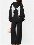 Halloween 2027NEW 2pcs Women's AutumnWinter Hooded Sweatshirt And Wide-Leg Pants Suit Kangaroo Pocket Long-Sleeve Jacket Wide-Leg Pants Suit Casual S Loose Suit Christmas Black Friday Cyber (27) - Black