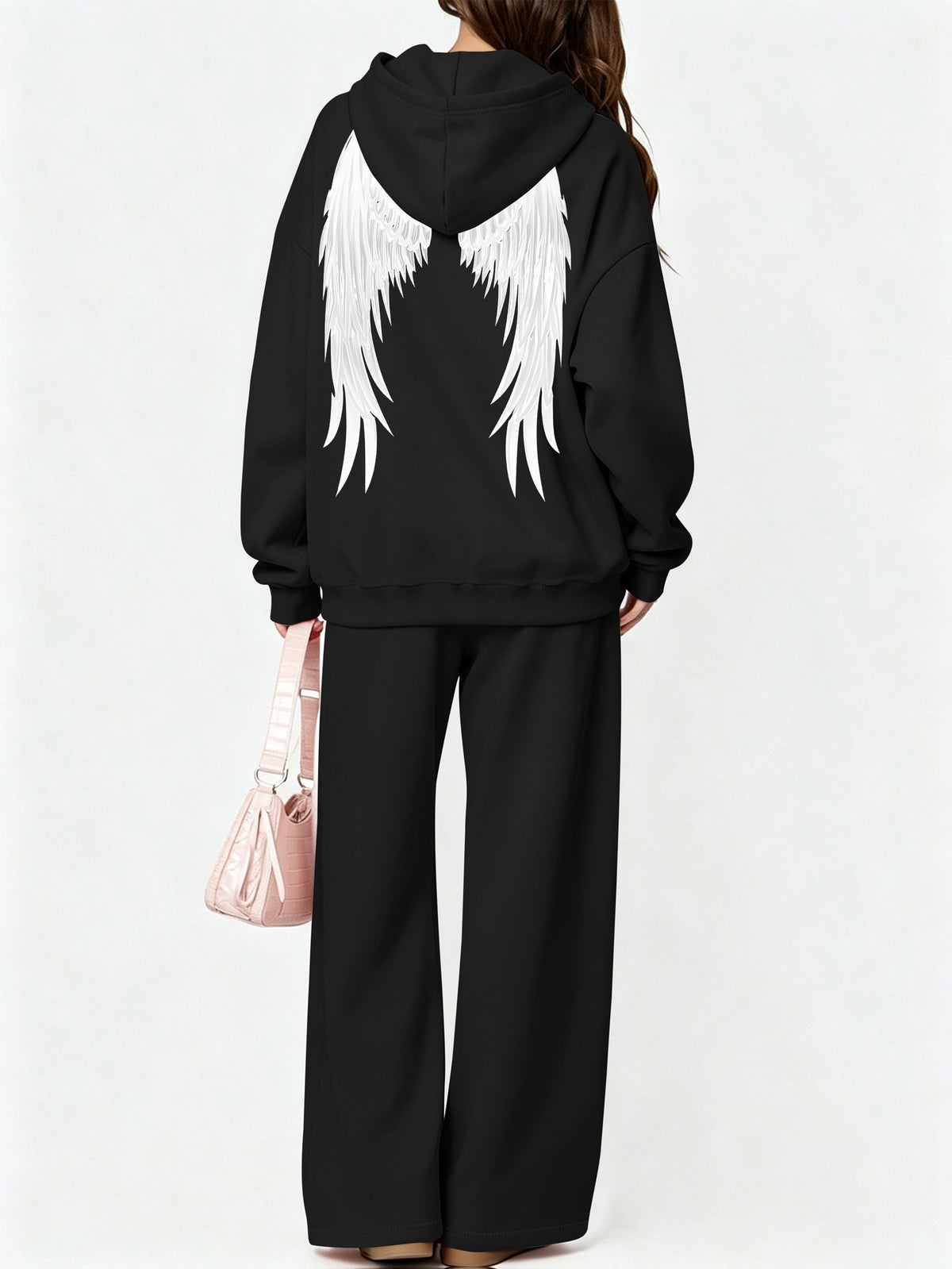 Halloween 2027NEW 2pcs Women's AutumnWinter Hooded Sweatshirt And Wide-Leg Pants Suit Kangaroo Pocket Long-Sleeve Jacket Wide-Leg Pants Suit Casual S Loose Suit Christmas Black Friday Cyber (27) - Black