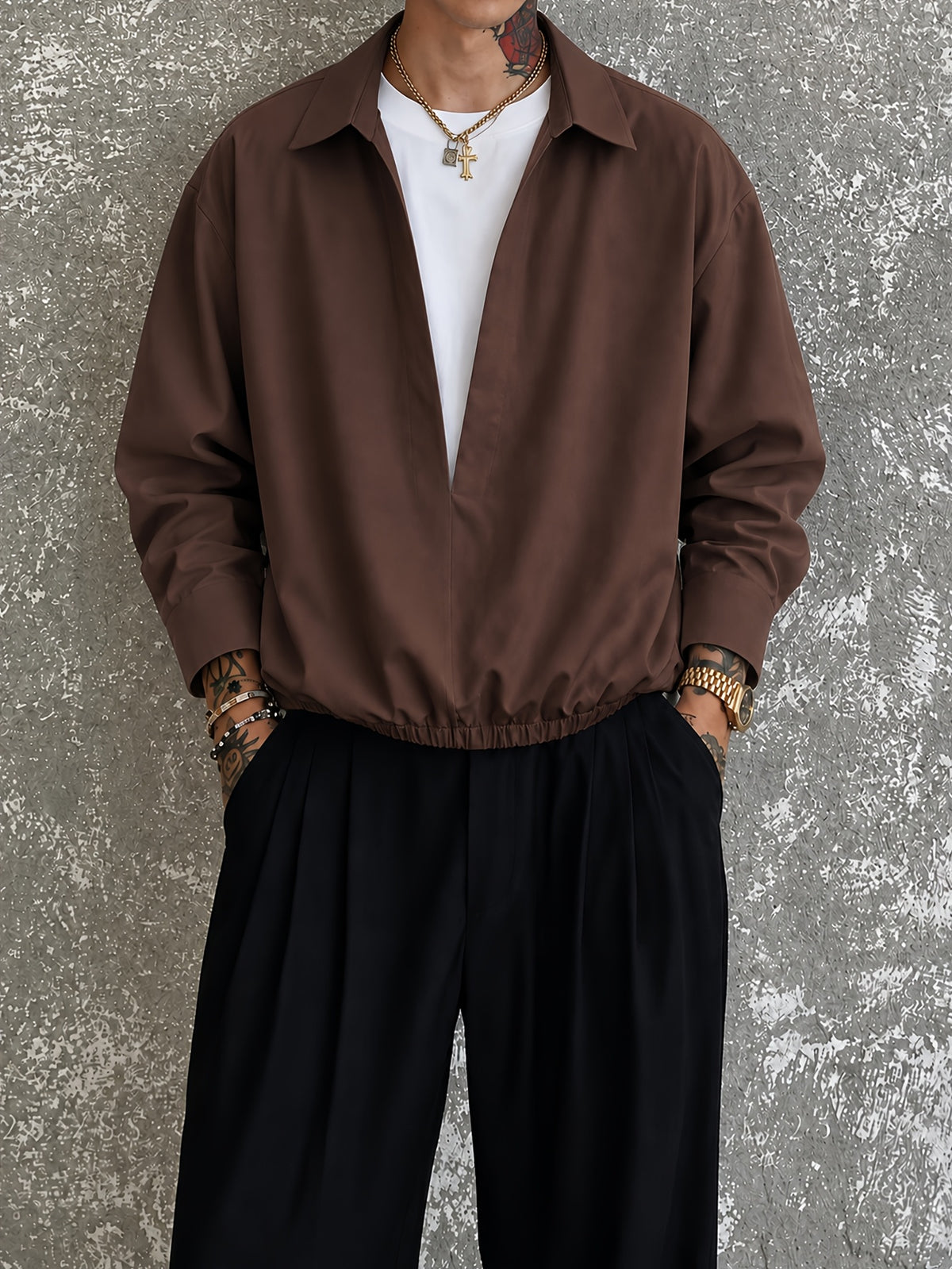 2-in-1 Look Double-Layer Long Sleeve Shirt, Color-Block Patchwork Casual Loose Fit Men's Top T-Shirt, Men's Shirt, Versatile V-Neck Lapel Pullover for Spring and Autumn, New Season - Coffee Color