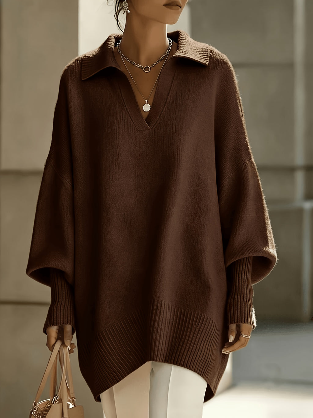 New Autumn/Winter French-Style Elegant Pullover, Polo Collar with V-Neckline, Batwing Sleeves and Drop Shoulder Design, Elegant, Comfortable, and Skin-Friendly, Women's Autumn/Winter Clothing, New Autumn Women's Style, Stylish Sweater, Popular Korean - Coffee Color