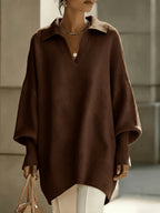 New Autumn/Winter French-Style Elegant Pullover, Polo Collar with V-Neckline, Batwing Sleeves and Drop Shoulder Design, Elegant, Comfortable, and Skin-Friendly, Women's Autumn/Winter Clothing, New Autumn Women's Style, Stylish Sweater, Popular Korean - Coffee Color