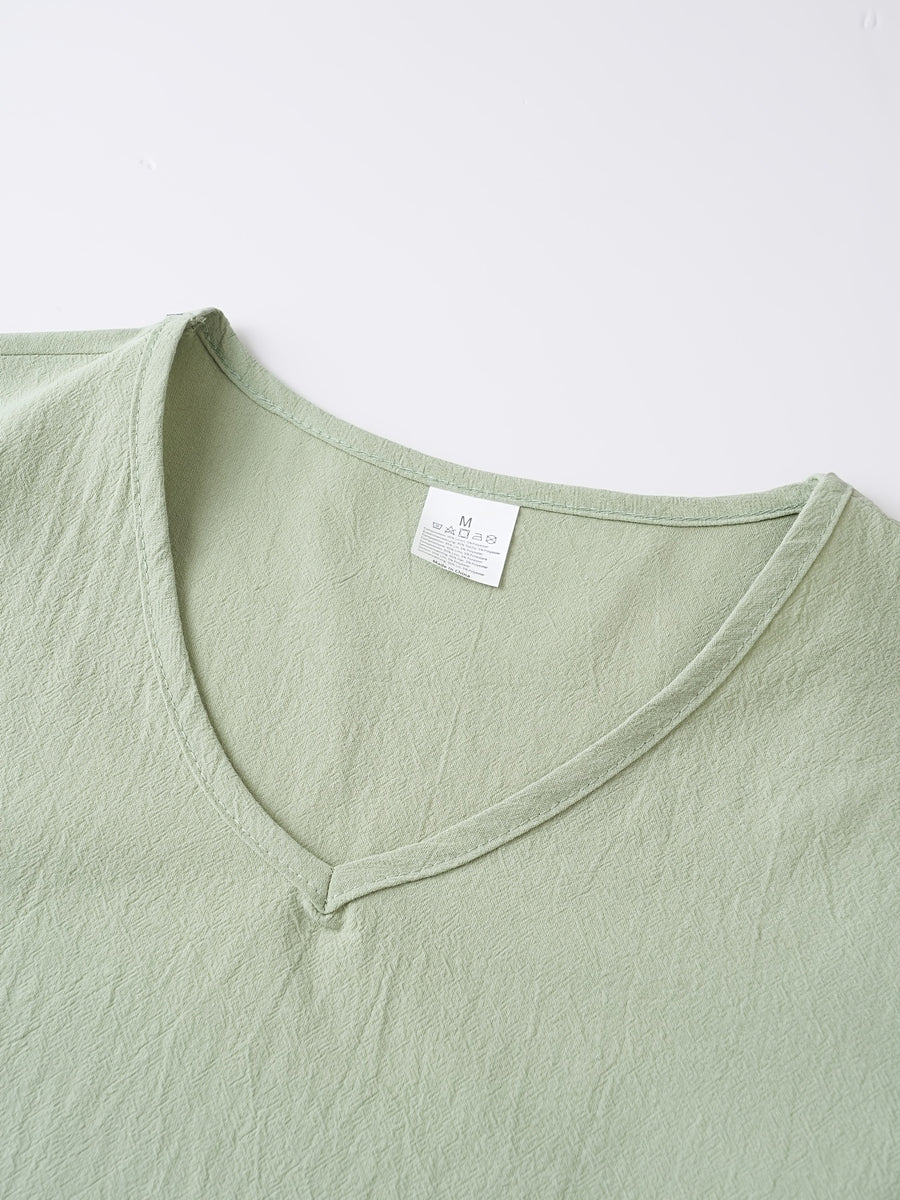 Japanese Texture Pleated Linen Athletic Long Sleeve Men'S Size Large V-Neck Loose Commuter Fitness Outerwear Lightweight Sunscreen Base Layer Summer Non-Stuffy Sunscreen Long Sleeve Loose V-Neck Linen Men'S Casual Athletic T-Shirt - Yellow-green