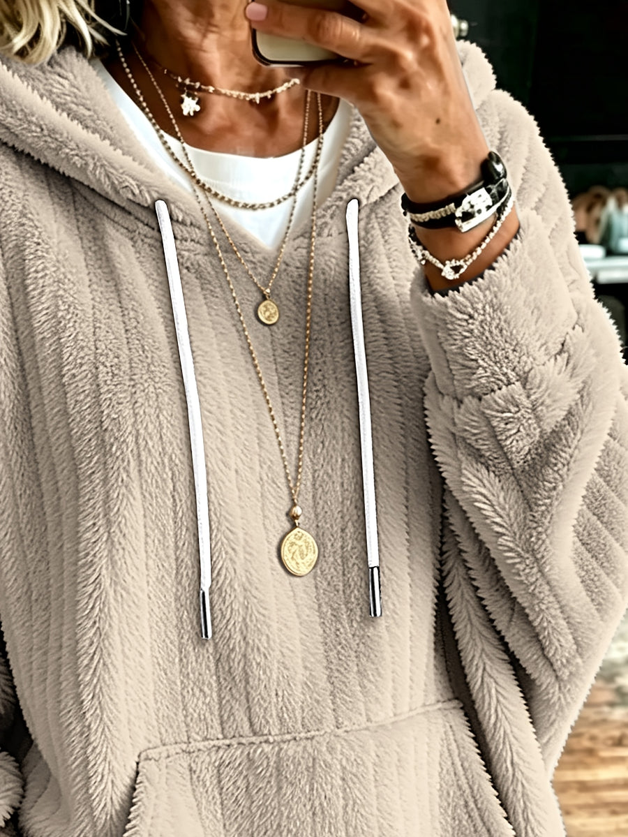 Plus Size - Autumn Winter Women'S Plus Size Bohemian New Product Solid Color Pullover Long Sleeve Hooded Sweatshirt, Casual Comfortable Loose Temperament Women'S Top, No Additions, Jewelry Not Included - Apricot