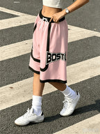 Color-Block Pants Women'S Drawstring Elastic Waist Street Style Letter Print Casual Trousers Bermuda Shorts Y2K American Letter Print Contrast Shorts Women'S Loose High-Waist Drawstring Wide-Leg Shorts Summer Versatile Casual Trousers - Mixed colors