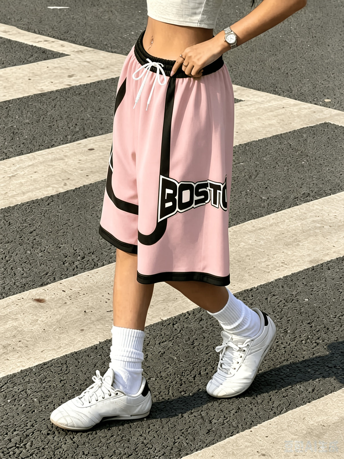 Color-Block Pants Women'S Drawstring Elastic Waist Street Style Letter Print Casual Trousers Bermuda Shorts Y2K American Letter Print Contrast Shorts Women'S Loose High-Waist Drawstring Wide-Leg Shorts Summer Versatile Casual Trousers - Mixed colors