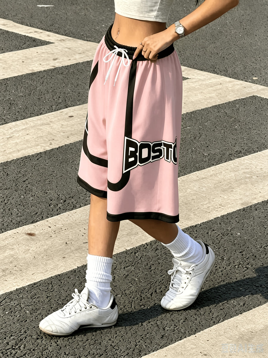 Color-Block Pants Women'S Drawstring Elastic Waist Street Style Letter Print Casual Trousers Bermuda Shorts Y2K American Letter Print Contrast Shorts Women'S Loose High-Waist Drawstring Wide-Leg Shorts Summer Versatile Casual Trousers - Mixed colors