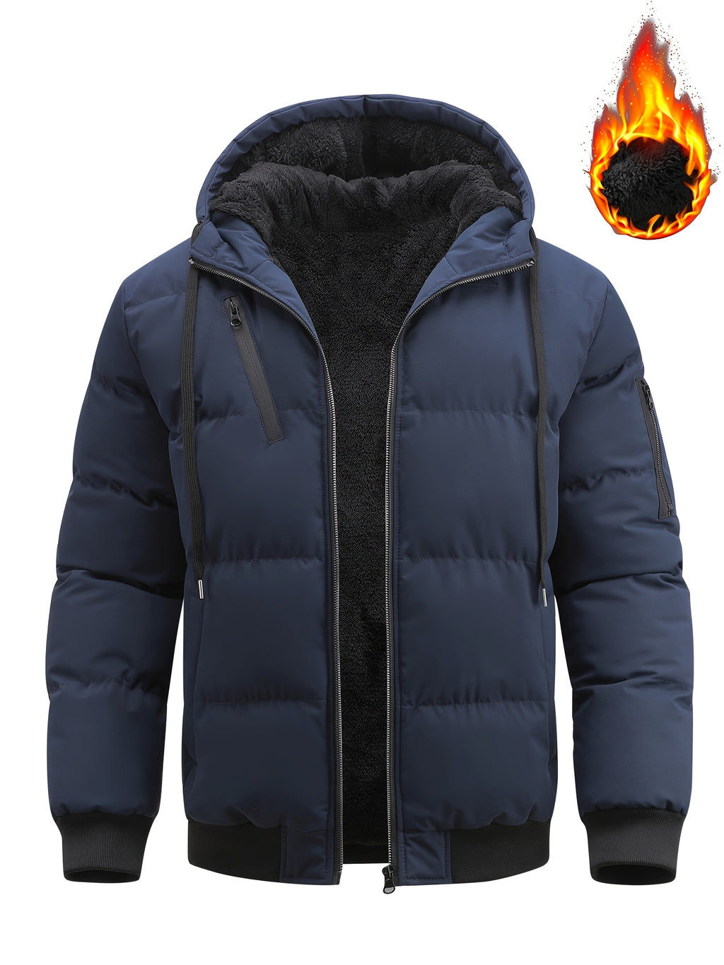 Winter Plush Jacket Thick Warm Jacket Hooded Jacket Casual Outdoor Jacket Solid Color Zipper with Plush Thickening - Navy Color