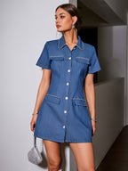 Women'S Rhinestone Embellished Dress, Short Sleeve Lapel Waist-Cinching A-Line Short Skirt, Suitable for Summer Wedding Guest Evening Dress - Military Blue