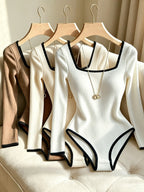 3pcs Women'S Elegant Square Neck Contrast Back Tight Jumpsuit, Brushed Ribbed Long Sleeve Top - Coffee+Apricot+White