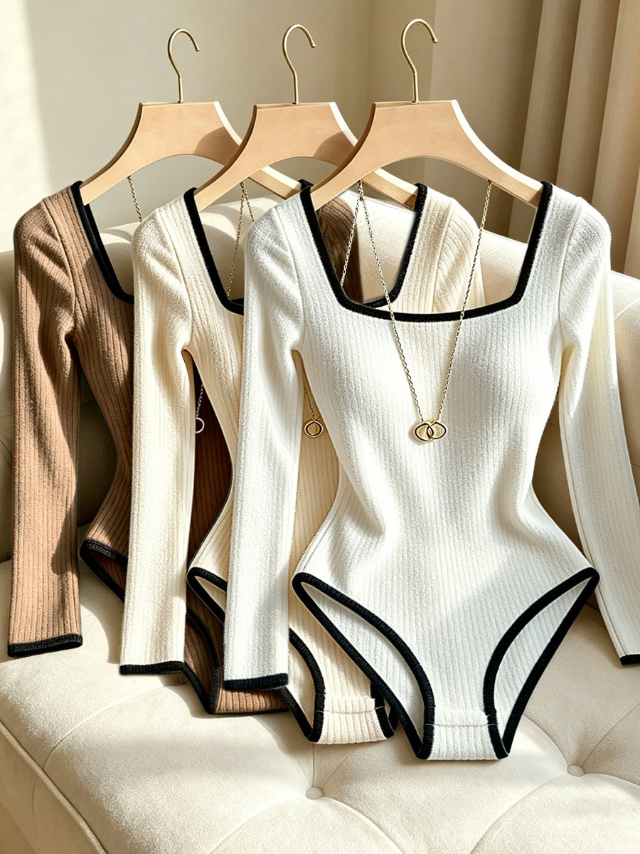 3pcs Women'S Elegant Square Neck Contrast Back Tight Jumpsuit, Brushed Ribbed Long Sleeve Top - Coffee+Apricot+White
