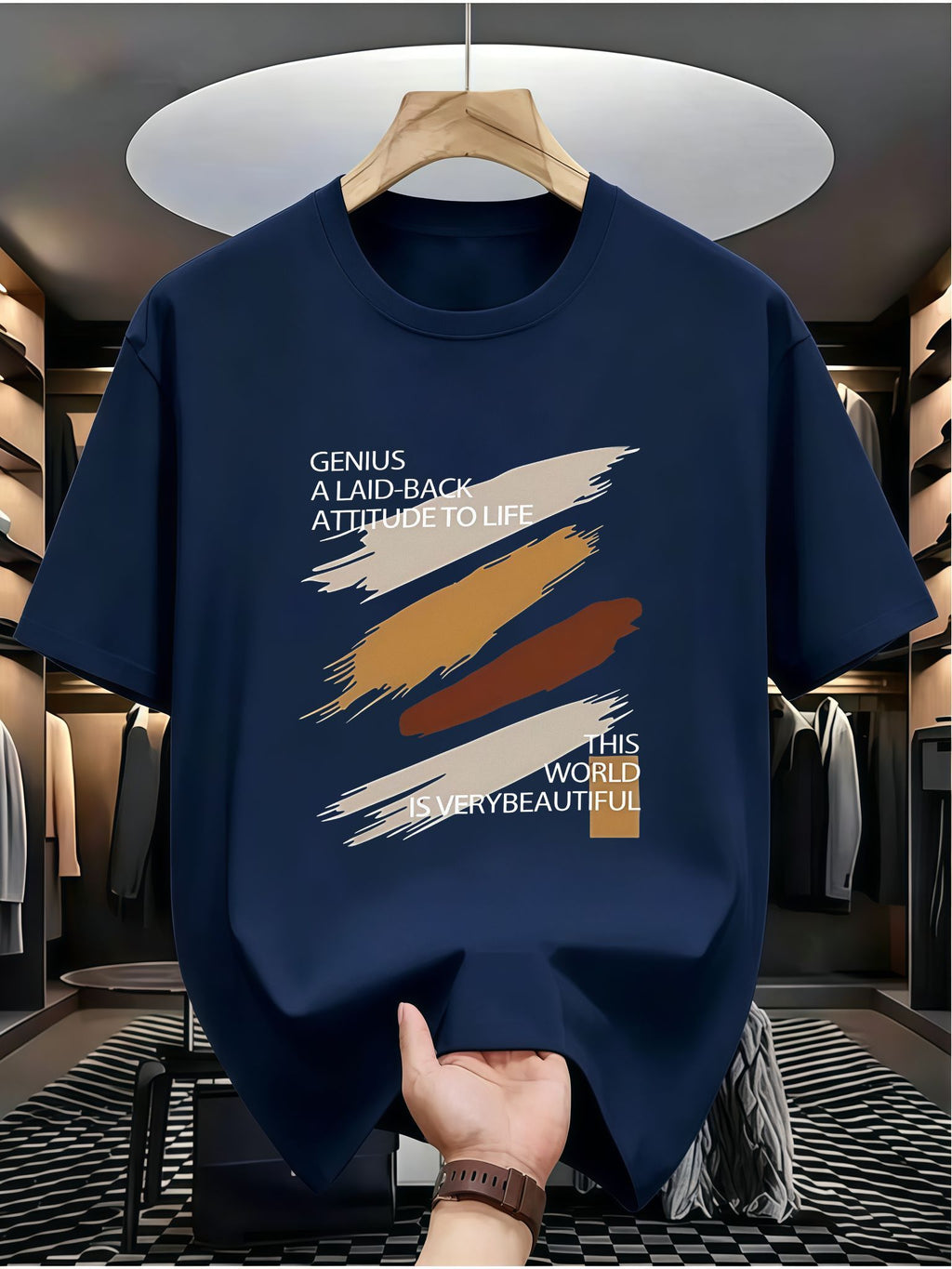 Men's Trendy Printed Short-Sleeve T-Shirt, Artistic Style Casual Top with English Slogans "GENIUS A LAID-BACK ATTITUDE to LIFE" and "THIS WORLD IS VERY BEAUTIFUL," Earth-Tone Brushstroke Design - Navy Color