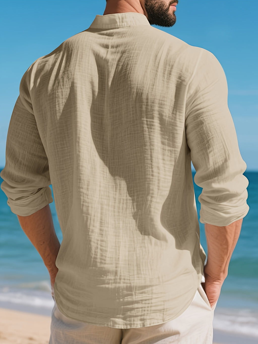 Men'S Textured Henley Shirt, Long Sleeve Casual Pullover with Stand Collar, Button Placket And Chest Pocket, Lightweight Relaxed Fit Top for Beach Vacation, Resort Travel, Weekend, Outdoor Leisure, And Daily Streetwear - Khaki