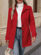 Elegant Women's Fashion Tweed Coat, Stylish Waist-Cinching Mid-Length Solid Color New Autumn/Winter Overcoat - Red