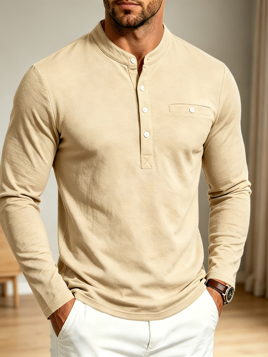 Men Spring Autumn Textured Mandarin Collar Henley 5-button Long Sleeve Top. Slim Soft Breathable Wrinkle-resistant Long Tee for Daily Business Commute & Casual Wear. - Apricot