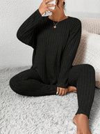 Solid Color Long-sleeved Top and Trousers Casual Everyday Set - Black