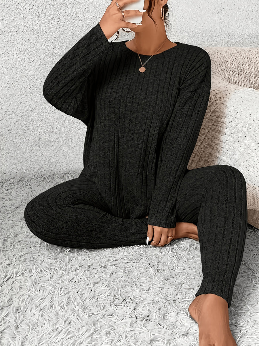 Solid Color Long-sleeved Top and Trousers Casual Everyday Set - Black
