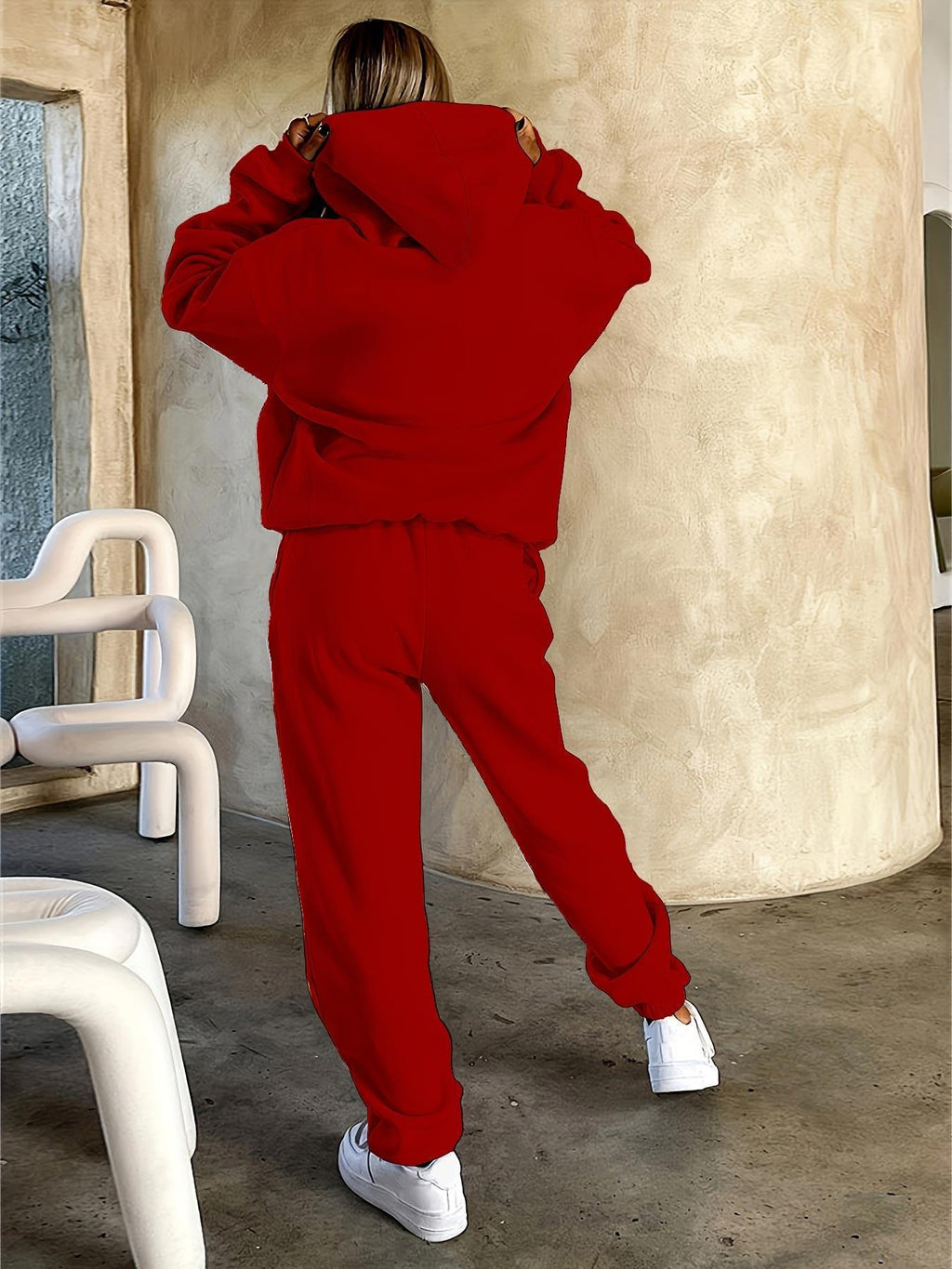 Printed Women's Casual Sports Suit, Warm Long Sleeve with Drawstring Kangaroo Pocket, Women's Clothing - Red