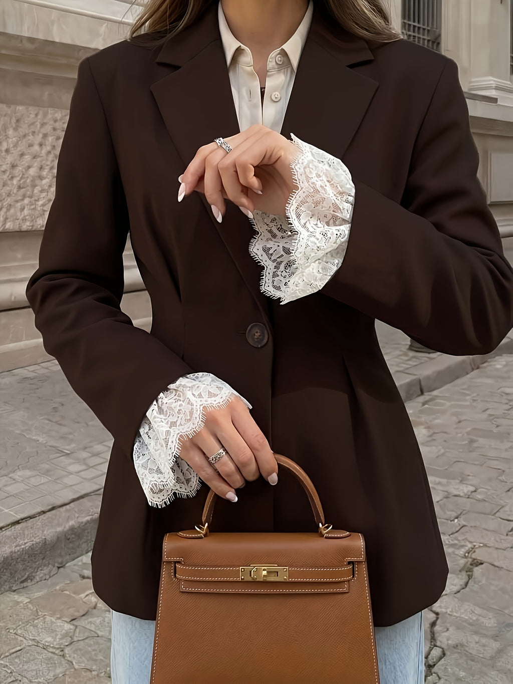 Women's Lapel Casual Blazer with White Eyelash Lace Cuffs, Single-button Waist-cinching Slim-fit Commuting Spring/autumn Elegant Suit Jacket - Reddish Brown