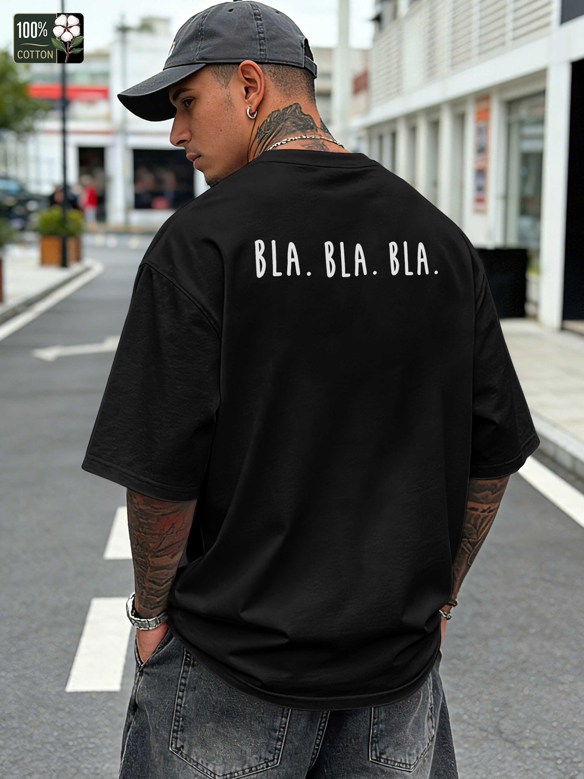 Bla Bla Print Men'S Pure Oversized T-Shirt, Casual Comfortable Versatile Short Sleeve Tee - Black