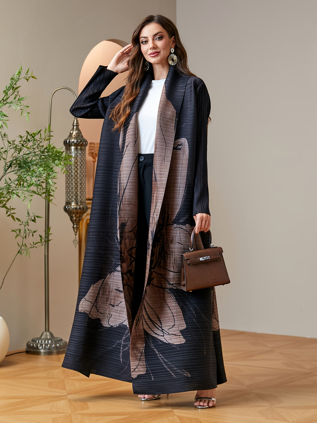 Women'S Modest Black Floral Print Pleated Abaya Open Front Long Cardigan with Belt Dubai Arab Kimono Duster Coat High Quality Plisse Loose Robe Outerwear Banquet Party Evening Wear - Black
