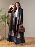 Women'S Modest Black Floral Print Pleated Abaya Open Front Long Cardigan with Belt Dubai Arab Kimono Duster Coat High Quality Plisse Loose Robe Outerwear Banquet Party Evening Wear - Black